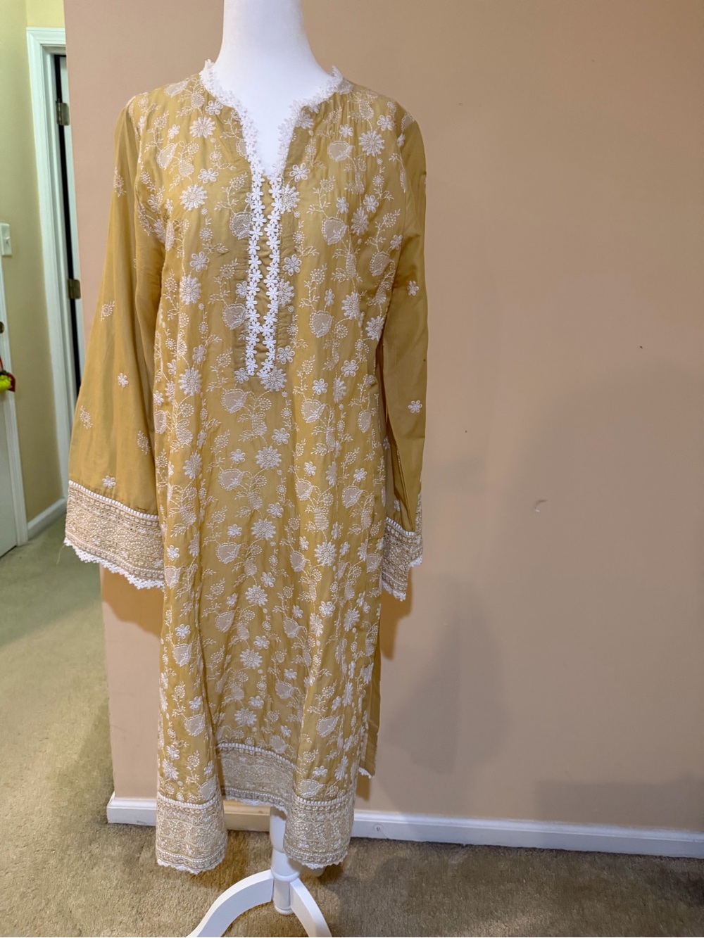 Mustard Yellow Long-Sleeve Embroidered Tunic Dress with White Lace Trim